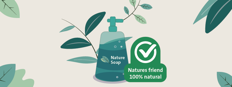A bottle of hand soap labelled with a leaf logo with the brand Nature Soap
